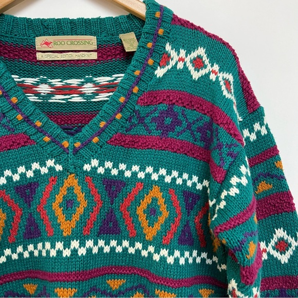 Vintage Other - Hand Knit Vintage Roo Crossing Sweater Teal Pink Tribal Print V-Neck Size Small
